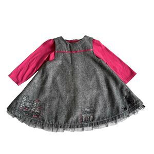 Y2K Girls Gymboree Gray Wool Blend Jumper Dress City France Pink Twirl Sz 6-12M